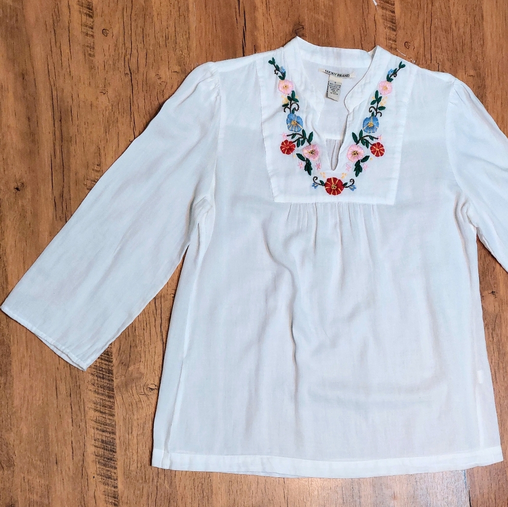 Lucky Brand White Cotton Embroidered Top, Size S